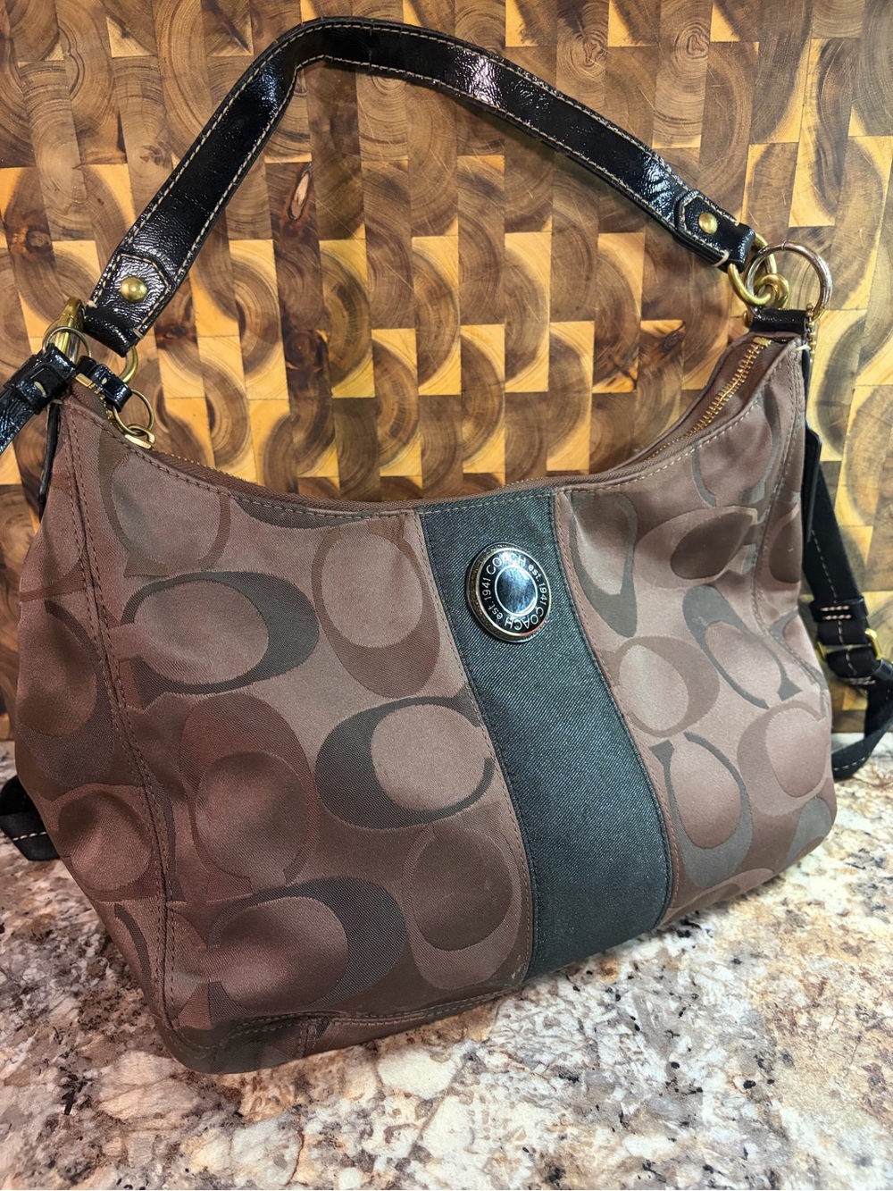 Coach Brown Signature Shoulder Bag with Black Trim